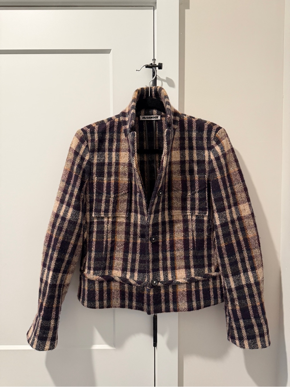 Jil Sander Beige and Navy Plaid Wool Blazer